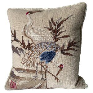 Wool needlepoint petit point cranes bamboo cream throw pillow zip back 15x14